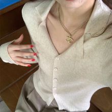 纸片人C位 韩系polo翻领系扣针织衫女秋季修身坑条毛衣开衫