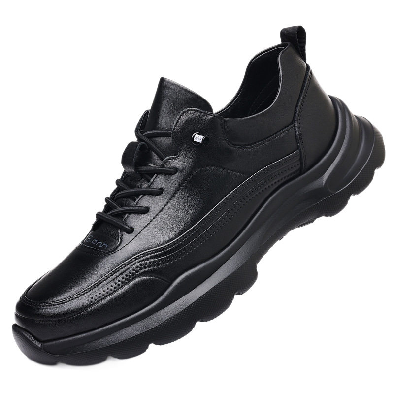 Giày sneaker nam da bò lớp đầu, đế xốp nhẹ, gót 3,5 cm — màu đen