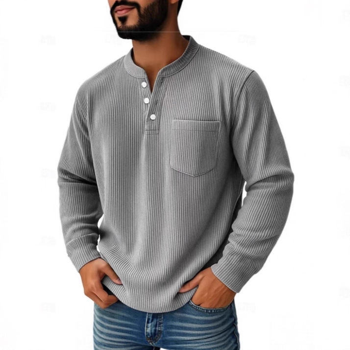 2025 New European American Fashion Solid Color Corduroy Three-Button Shirt Collar Men's Polo Moisture-Wicking And_voghion.com