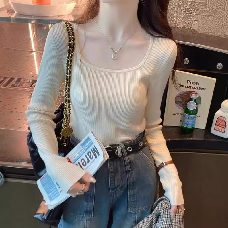French Style Western Style Square Collar Knitted Base Shirt Women's Long Sleeve Gentle Autumn and Winter Elegant Low Age Inner Sweater Clavicle Top