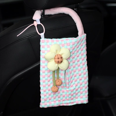 Car Tissue Holder, In-Car Tissue – Car tissue box/set - pink-grid-tissue-ivory-white-flower