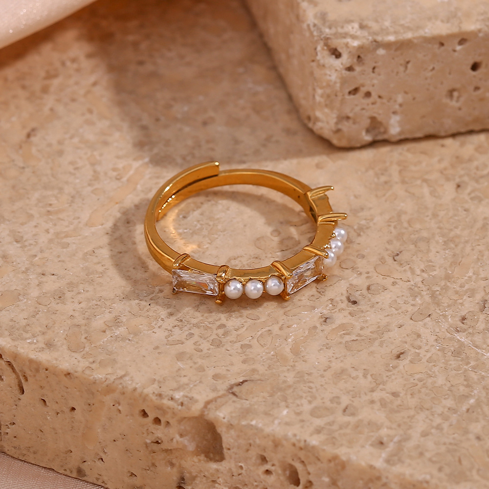 Fashion Geometric Stainless Steel Inlay Artificial Pearls Zircon Open Ring 1 Piece
