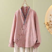 2025秋季新款复古中国风改良文艺宽松刺绣盘扣长袖开衫衬衫上衣女