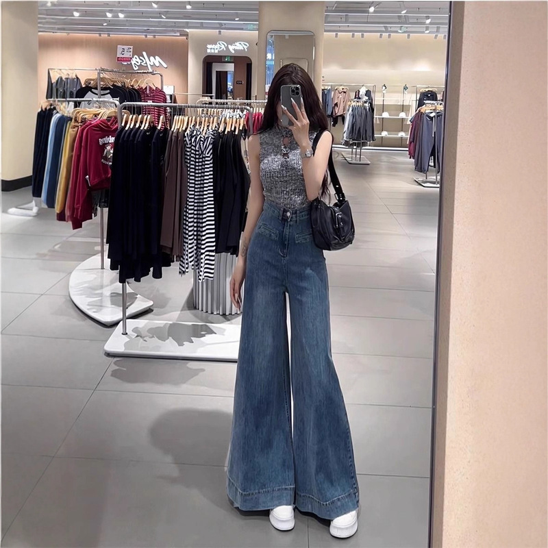 Retro Blue Loose Large Flared Jeans for Women 2025 New High-Waisted Slim and Versatile Wide-Leg Pants for Women