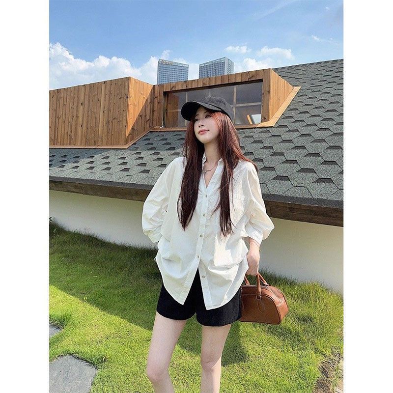 韩系设计感V领中袖白色衬衫女装夏季2025新款宽松显瘦收腰上衣潮|undefined