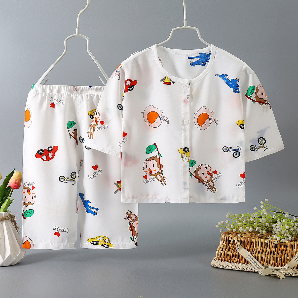 2026 Children's Cotton Silk Pajama Set Summer Baby Thin Cardigan Home Clothes Cotton Silk Air Conditioning Clothing Wholesale
