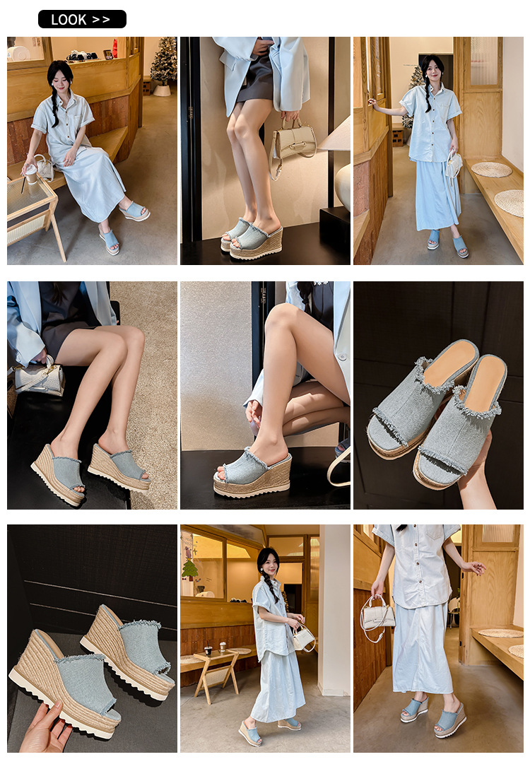 Sandal cao gót nữ hở mũi chất liệu denim, đế xuồng bện cói, gót cao 9 cm — Cao bồi xanh chi tiết 4