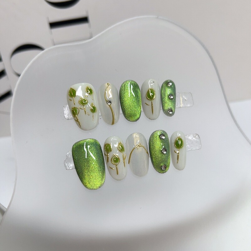 Handmade Wearable Nails Green Cat's Eye Hand-Painted Flowers Summer Handmade Advanced Whitening Wearable Manicure Finished Nails