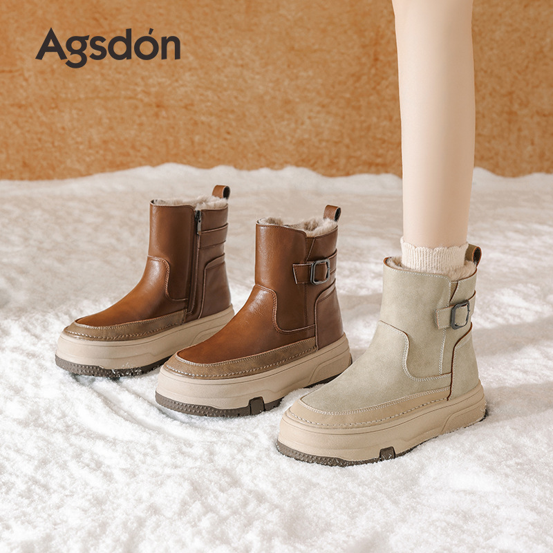 Botas de nieve de fondo grueso para mujeres 2025 nuevas botas de invierno grises de lana gruesas para usar zapatos de algodón cortos