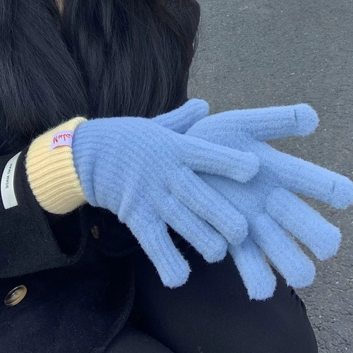 Knitted cashmere gloves for women, winter touch screen lined warm and thick cold-proof finger-separated Korean-style yarn gloves trendy