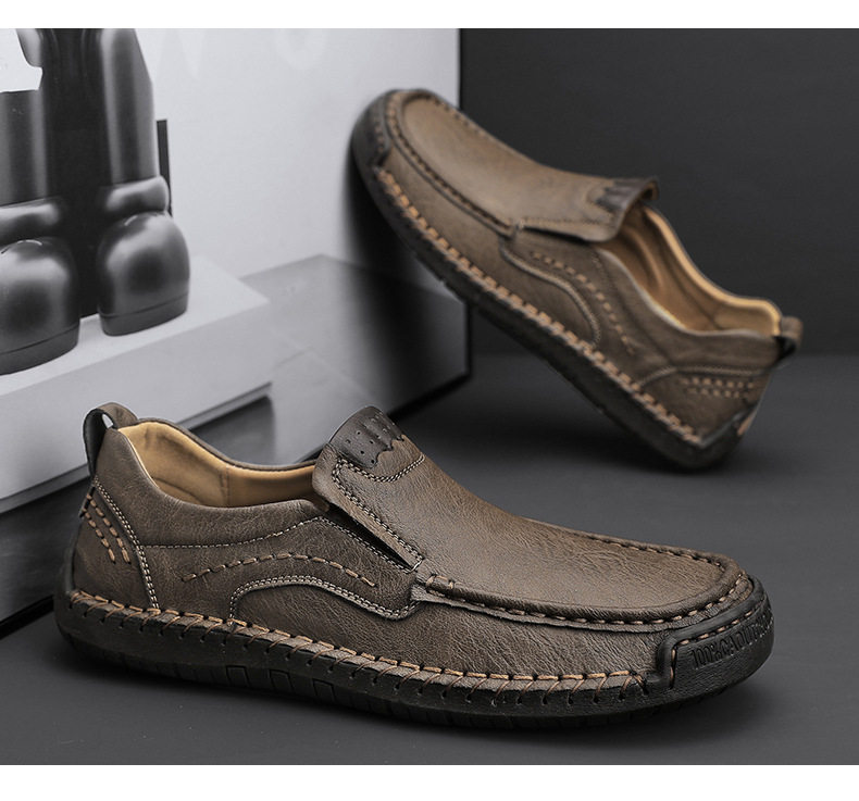 Giày lười nam da bò khâu thủ công cổ thấp mũi tròn, đế bằng — 9914 kaki, 9914 màu đen, 9914 nâu sẫm, Màu xám 9914 chi tiết 25
