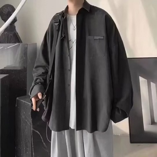 Spring and Autumn Simple and Refined Long-Sleeve Shirt for Men, Hong Kong Style, Versatile Loose Casual Collared Shirt with Design Sense, Streetwear Hip-Hop Trend