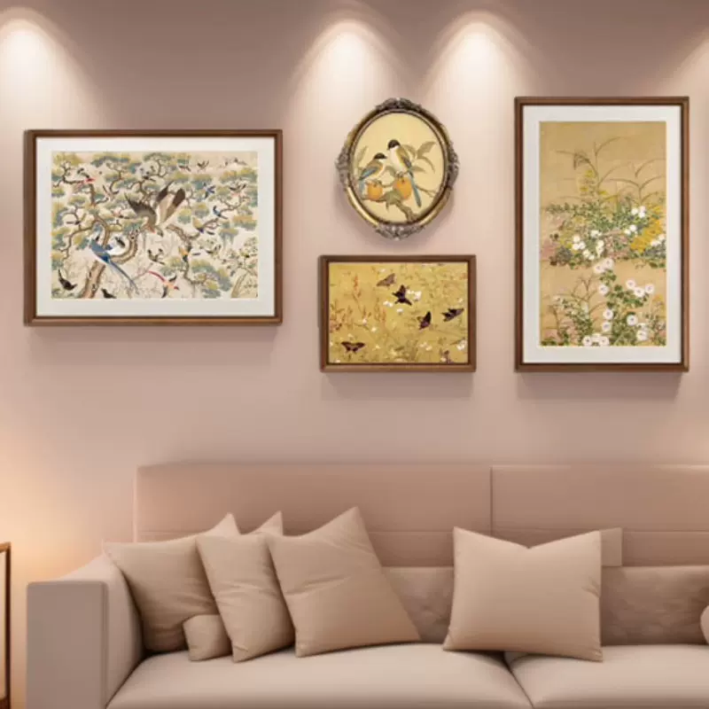 法式中国风装饰画新中式客厅沙发背景墙壁画中古花鸟挂画古风组合