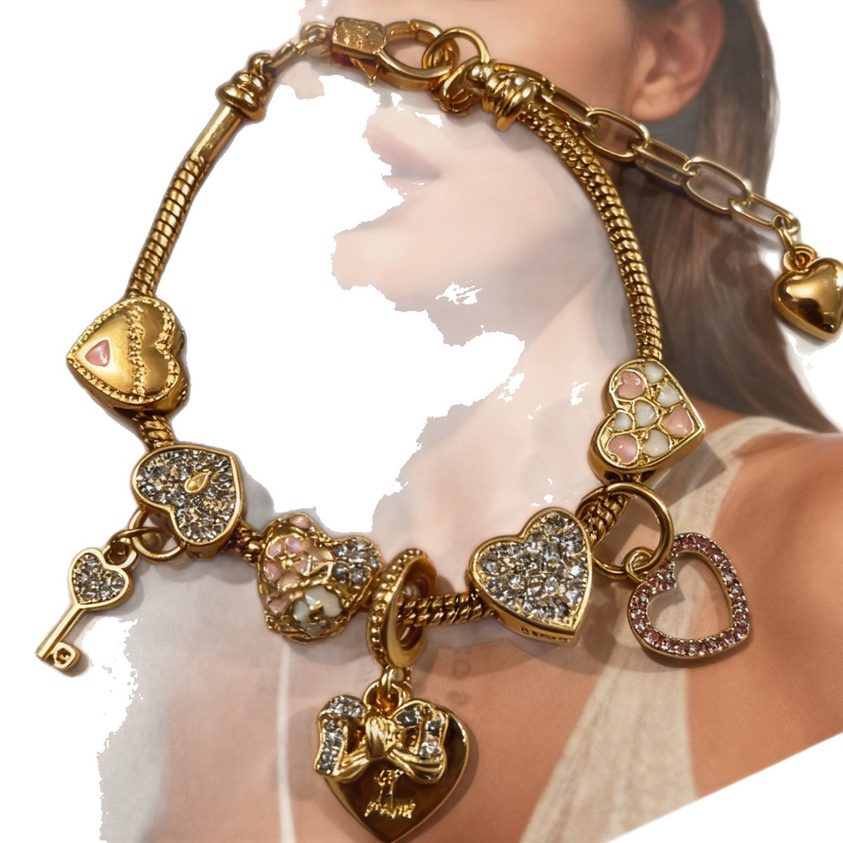 Explosiones transfronterizas Panjia pulsera diamante de oro goteo arco amor llave cerradura joyas de moda desmontables image 6