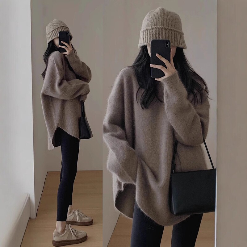 Cross-border mid-length sweater sweater women's 2025 spring and autumn new chubby girl girlfriends with bottoming loose top Cross-border mid-length sweater sweater women's 2025 spring and autumn new chubby girl girlfriends with bottoming loose top