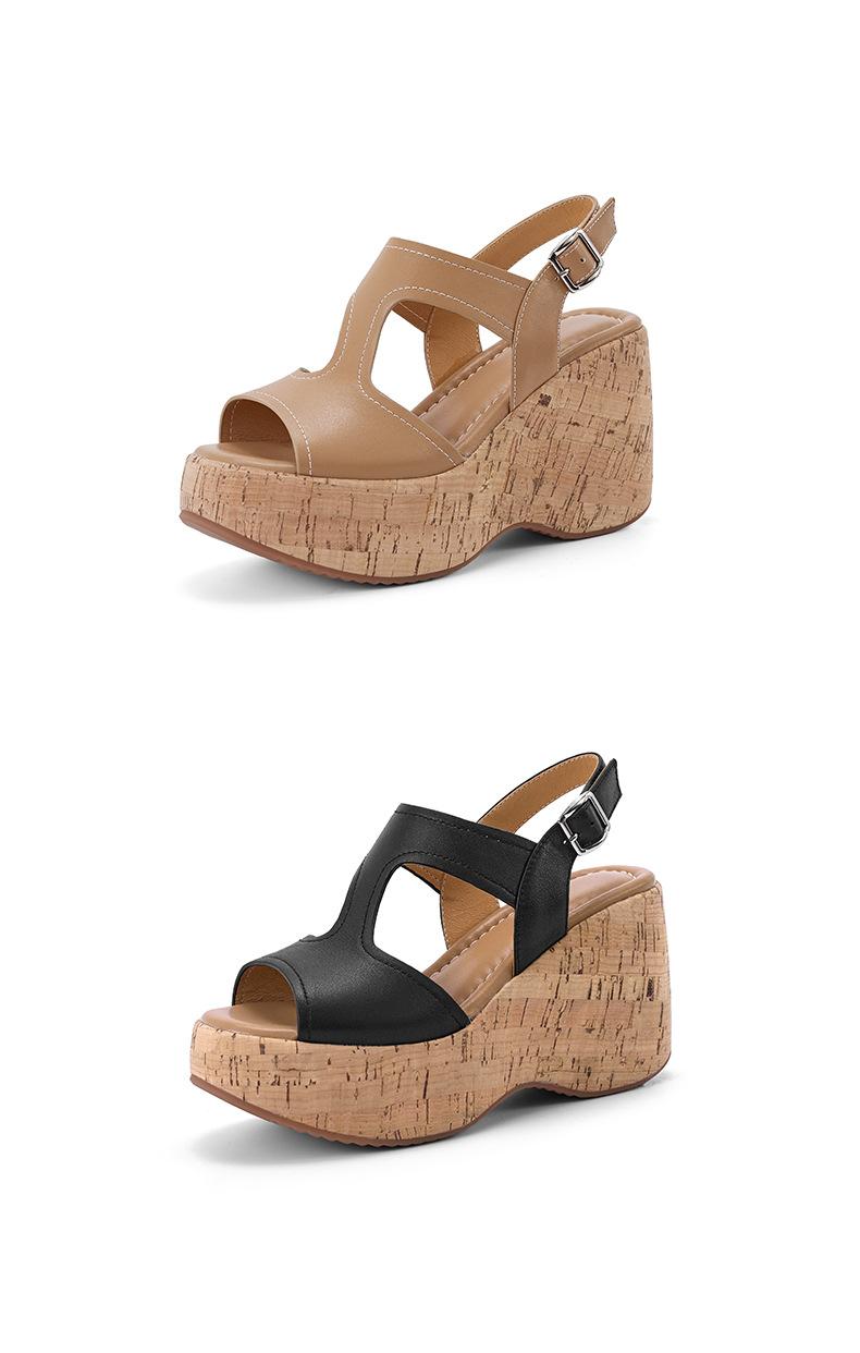 Sandal cao gót nữ đế platform hở mũi da thật gót 10 cm phong cách La Mã — màu đen, màu nâu nhạt chi tiết 14