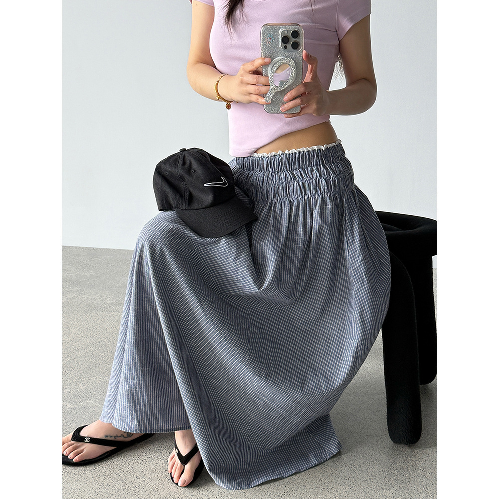 【王琪芝】复古慵懒松紧腰半身裙女夏宽松条纹百搭气质长裙WQ228