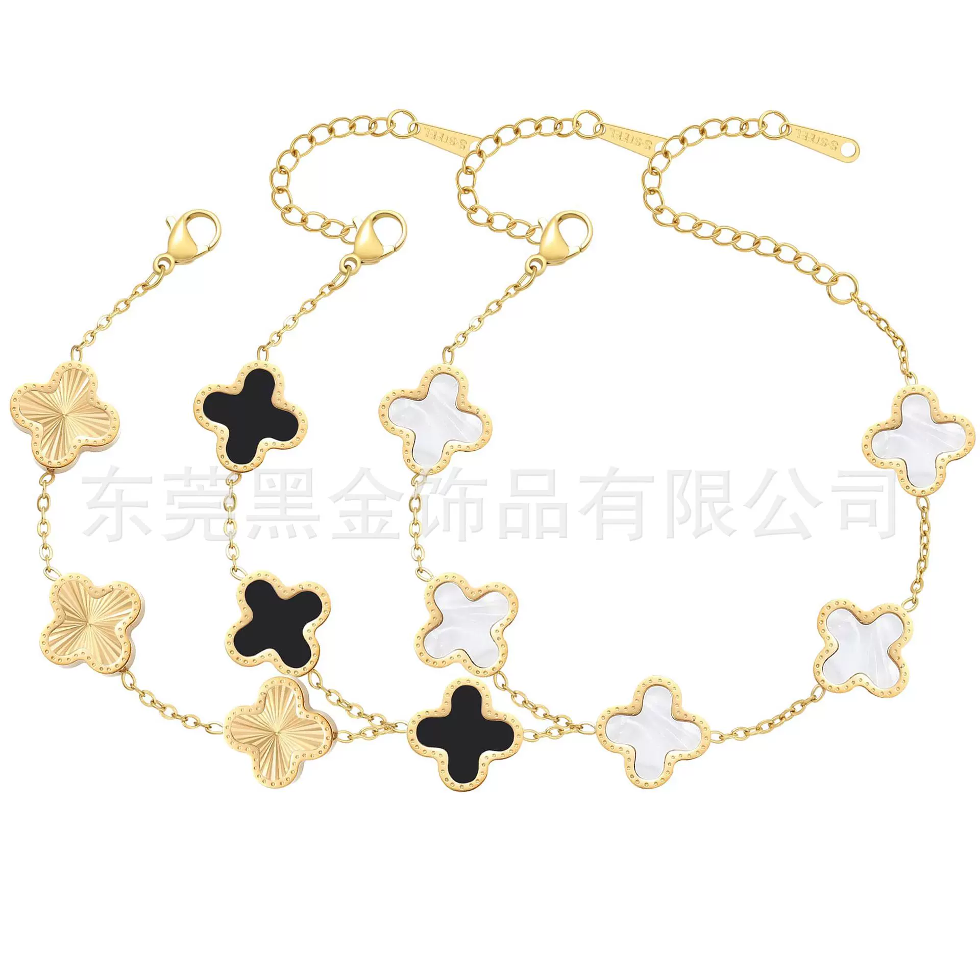 亚马逊BS钛钢四叶草平面手链18K黑/白/金/组合四叶草手链饰品批发