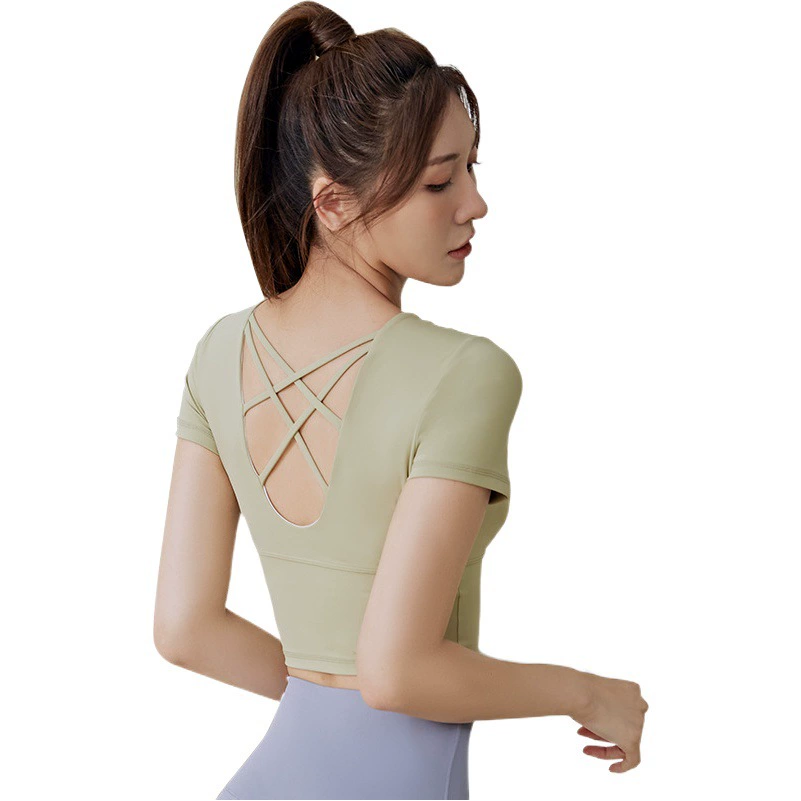 Спортивный топ Juyitang для фитнеса и йоги с короткими рукавами, открытым животом и вставками для груди, для бега и йоги, для женщин