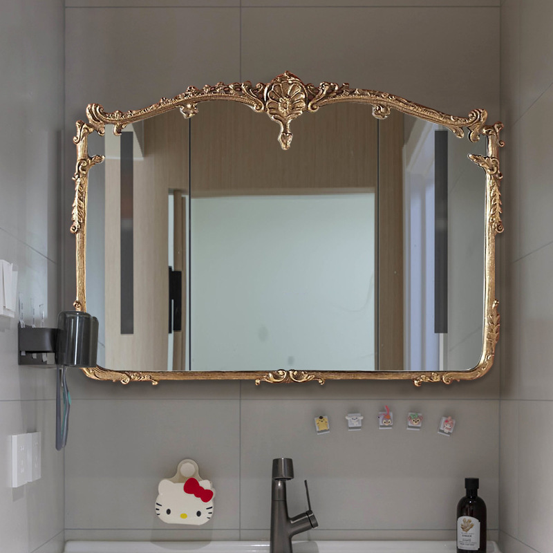 French Bathroom Mirror Retro Frame Bathroom Mirror Wall-Mounted Bathroom Makeup Mirror Defogging Mirror Anti-Fog Smart Mirror with Light