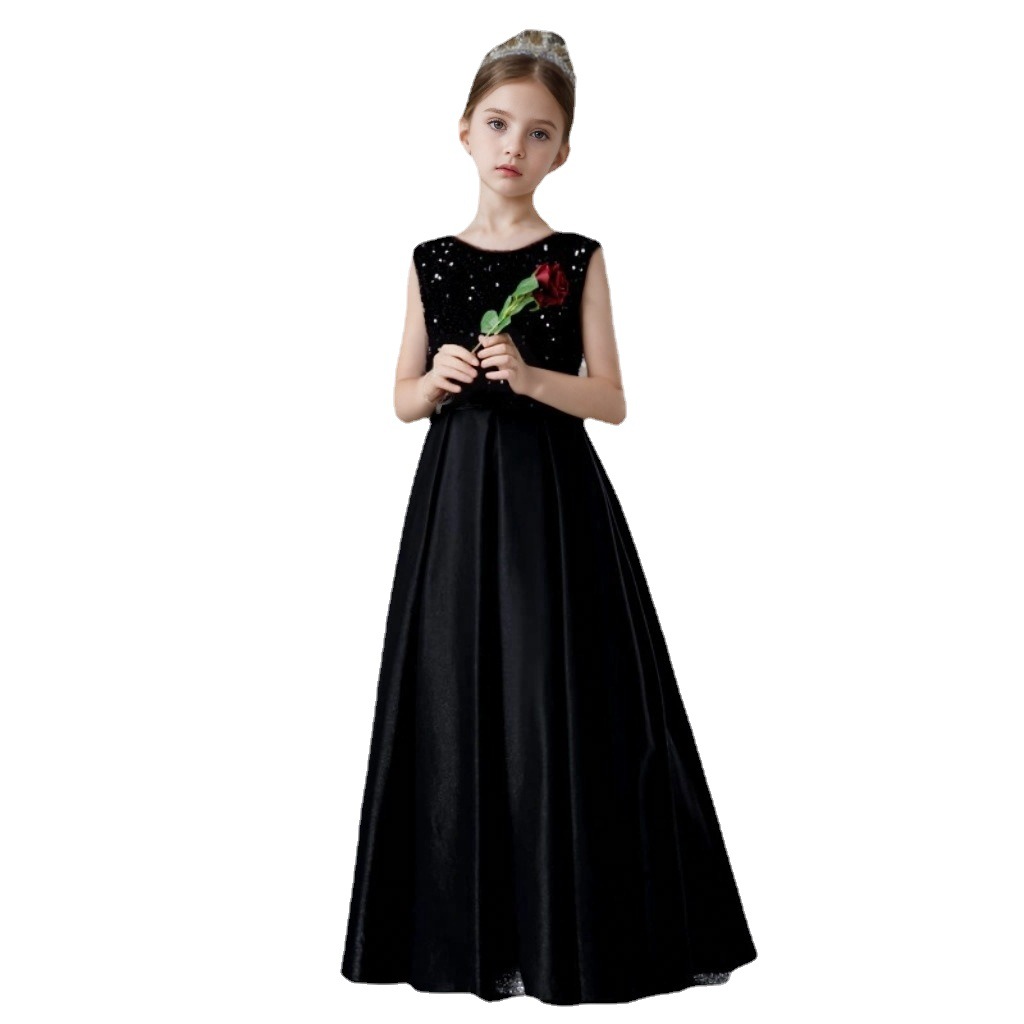 Elegantes schwarzes Prinzessinnenkleid für Mädchen – Langärmeliges Abendkleid für Klavierkonzerte, Violinkonzerte und besondere Anlässe (80-160 cm)_voghion.com