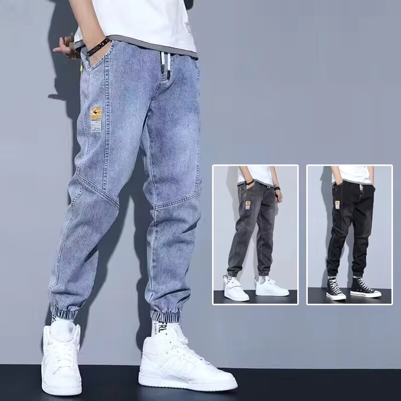 Men's jeans with elastic band, tie-back harem jeans, men's tie-foot designer workwear jogger jeans Men's jeans with elastic band, tie-back harem jeans, men's tie-foot designer workwear jogger jeans