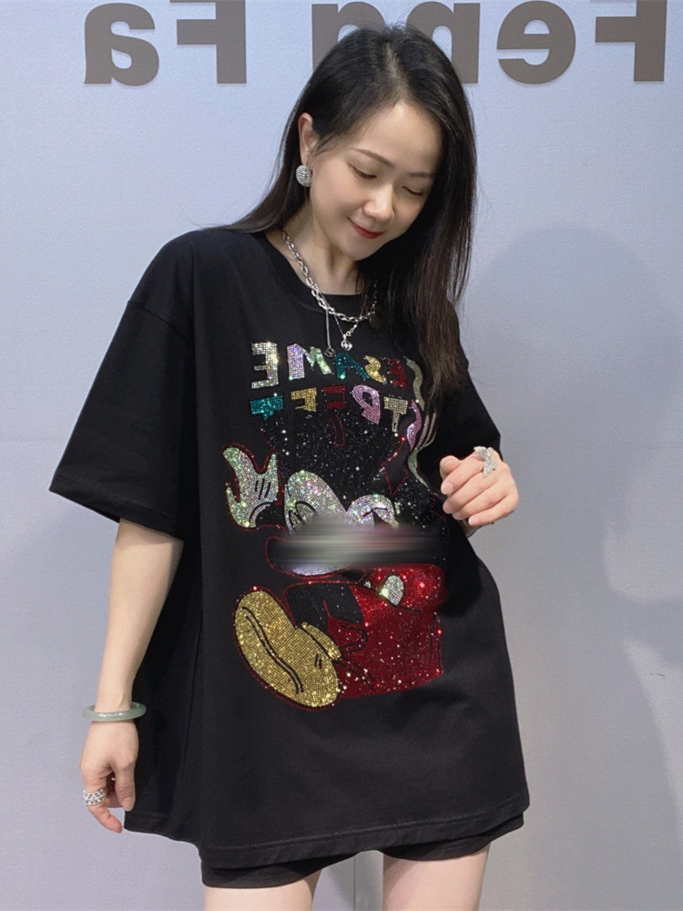 Camiseta de algodón negro de verano pesado de diamante caliente de cuello redondo de manga corta de mujer americana image 4