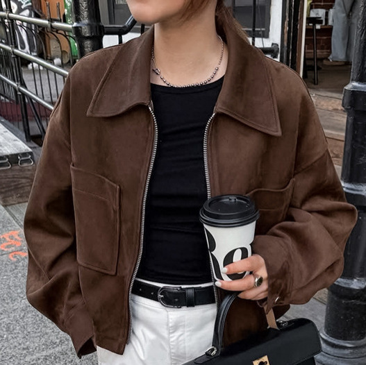 欧美秋冬新款长袖麂皮绒外套棕色2025新款小西装拉链上衣夹克女装