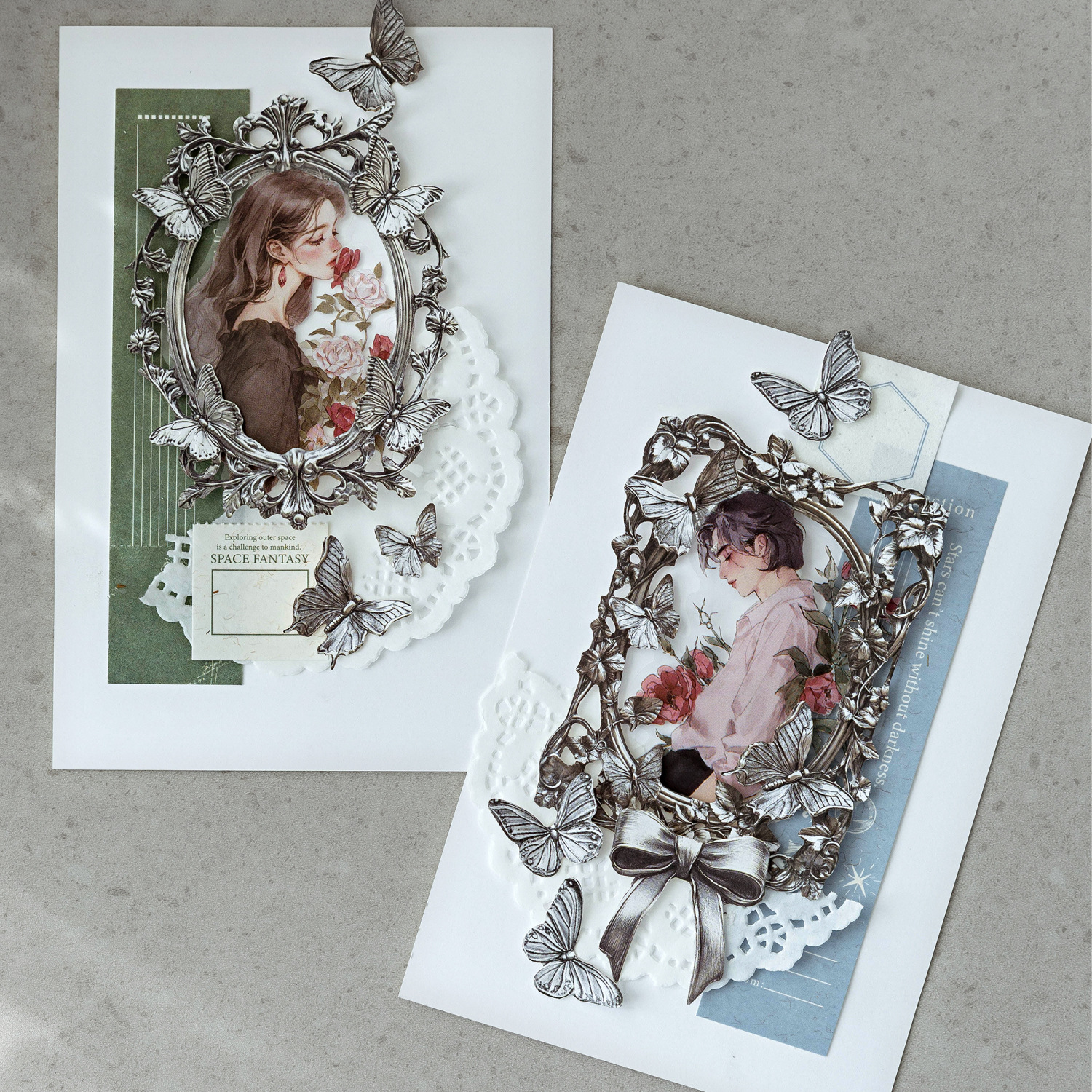 Tarjeta de collage en relieve hueca de papel de madera Mo Mo Sheng, serie de luces y sombras plateadas, bolsa de pegatinas de cuentas huecas retro Guka