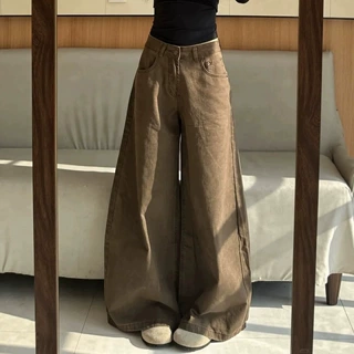 秋季休闲牛仔裤女美拉德深棕色通勤百搭高腰宽松显瘦垂感阔腿裤秋