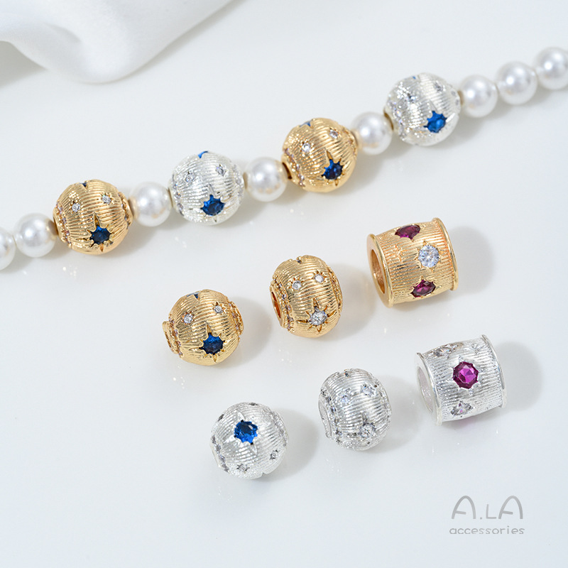 Wholesale Spacer Beads 14K Gold-Plated Color-Preserving Zircon-Inlaid Large-Hole Round Beads DIY Bracelet Necklace Materials String Crystal Pearl Barrel Beads