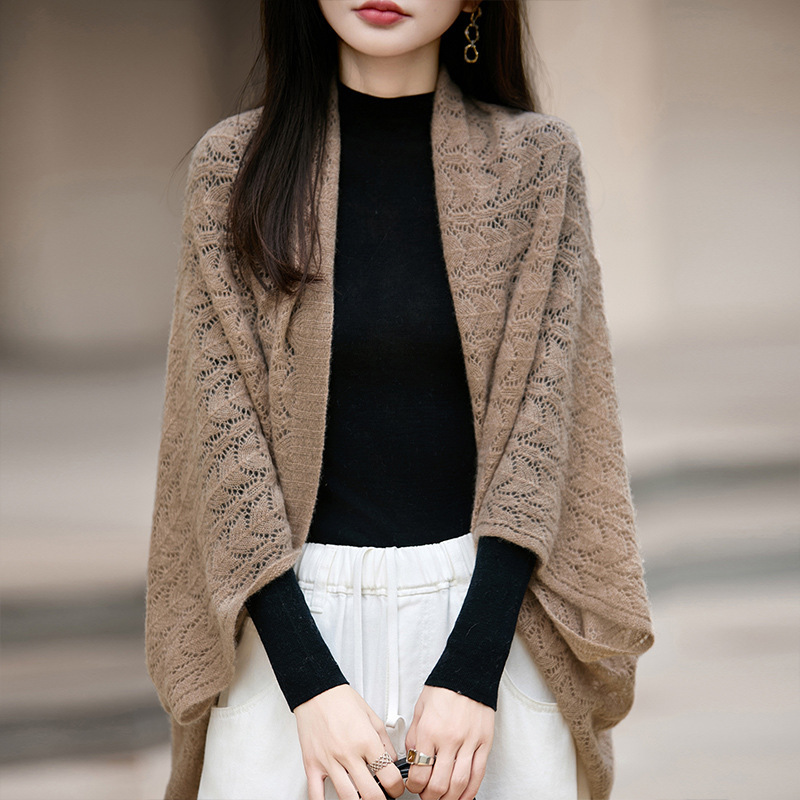 钩花披肩女外搭100%纯羊毛秋冬宽松洋气开衫斗篷多功能围巾 爆款|undefined