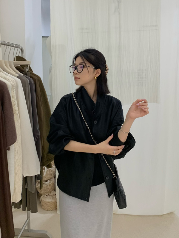 元派bluepops2025秋季新款立领短款皮衣休闲宽松夹克外套女A5557|undefined