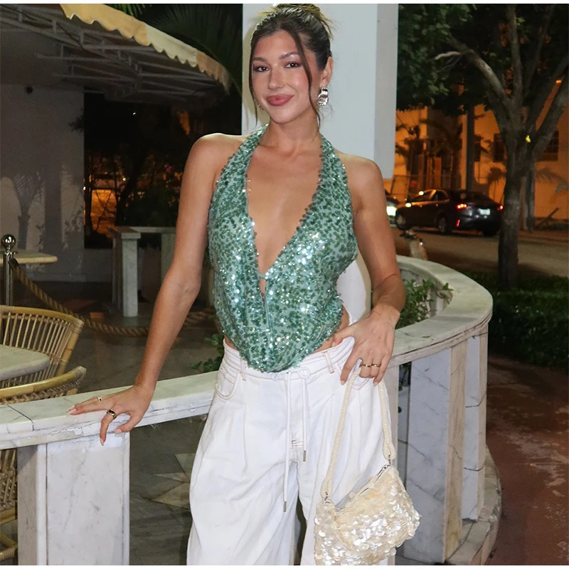 European and American Cross-Border 2026 Spring/Summer Women's Fashion Tank Top, Unique Street Style Hollow-Out Sequin V-Neck Evening Party Vest European and American Cross-Border 2026 Spring/Summer Women's Fashion Tank Top, Unique Street Style Hollow-Out Sequin V-Neck Evening Party Vest