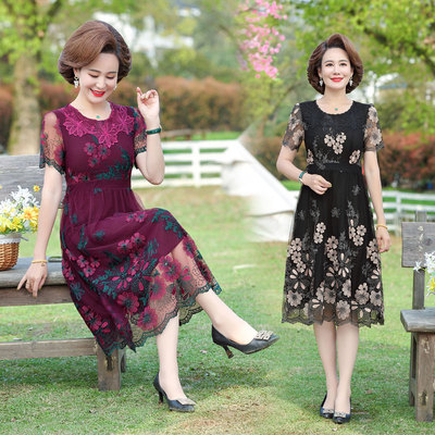 mom Summer wear Embroidery Lace Dress Noble Middle and old age Women's wear Short sleeved skirt Overknee Western style Kuotai Tai