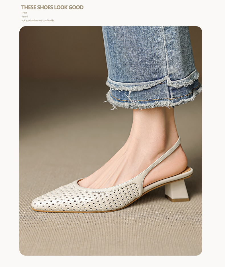 Sandal nữ da bò dệt mũi kín gót thô cao 6 cm phong cách công sở — đen chi tiết 14