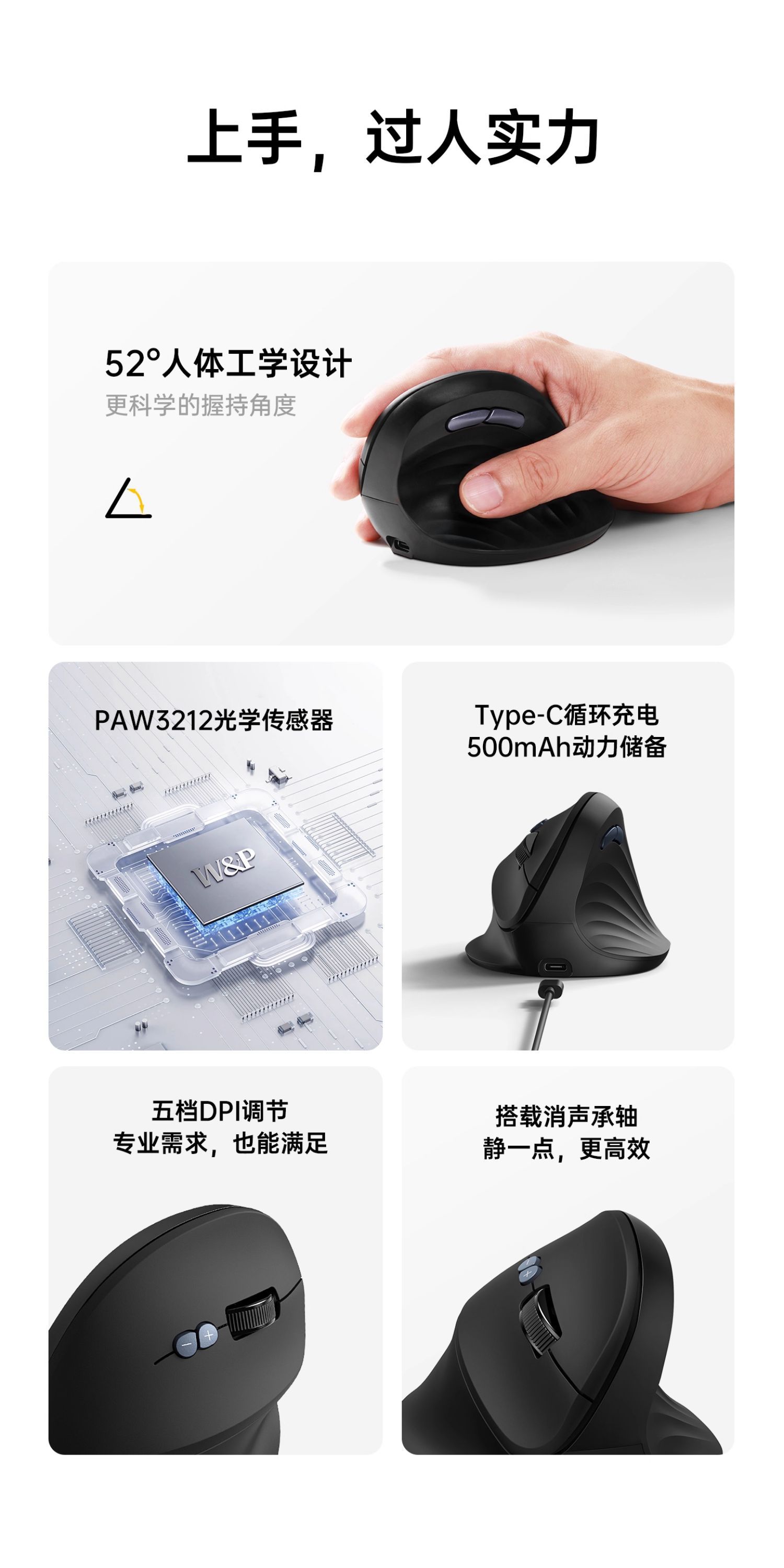 W&P无线蓝牙鼠标静音人体工学垂直办公适用MAC笔记本礼品定制团购