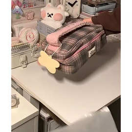 高颜值时尚化妆包便携式外出旅游手提包撞色格纹收纳包洗漱包包女