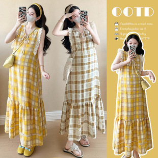 Real shot 2025 summer new fashion French loose tassel plaid dress for pregnant women
