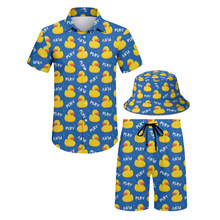 定制独立站欧美夏威夷3D数码印花时尚男士翻领短袖衬衫渔夫帽套装