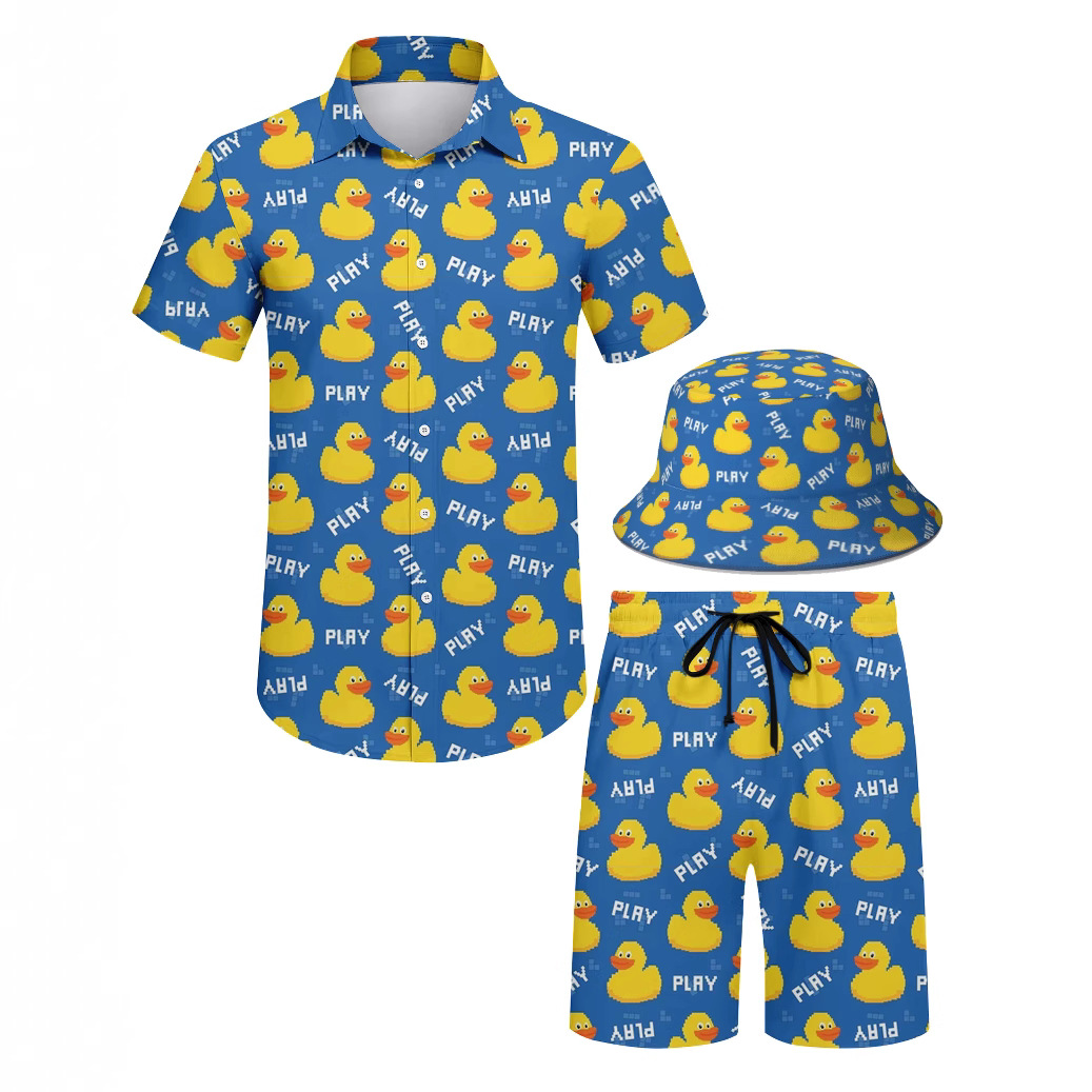 맞춤형 독립 스테이션 유럽과 미국 하와이 3D 디지털 인쇄 패션 남성 옷깃 반팔 셔츠 어부 모자 세트