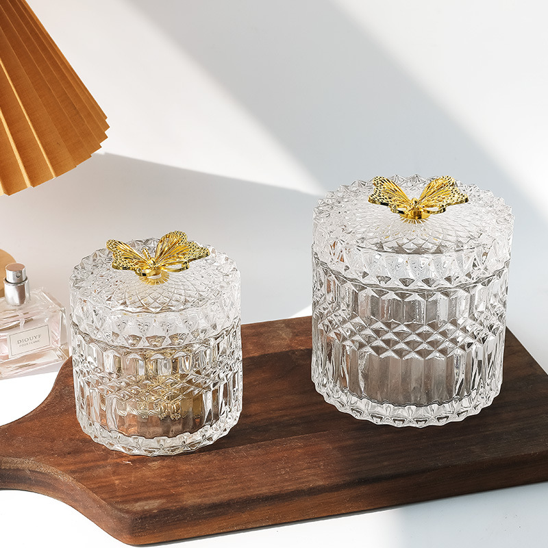ins retro French embossed glass storage jar desktop decoration ornaments makeup cotton swab jar storage box with lid