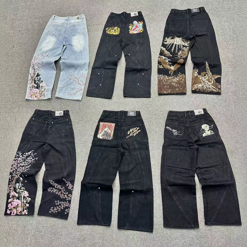 Vescartes Sakura Knight Jeans Unisex Straight Loose Wide-Leg Heavy Embroidered Pants Ins Trend Brand Export