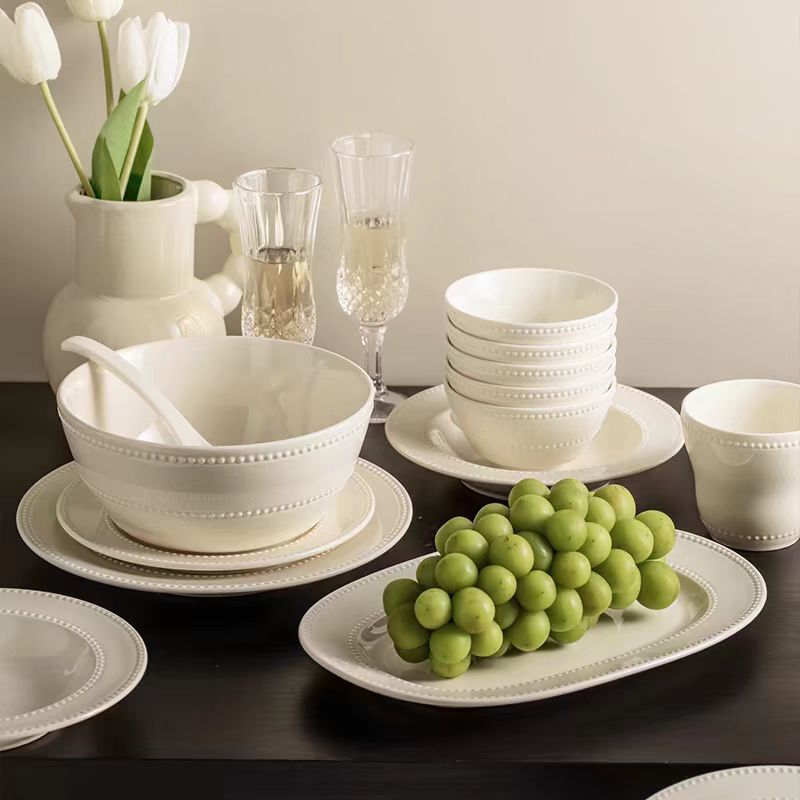 Nordic Style Light Luxury Pure White Embossed Bowls and Plates Hotel Supplies Home High-Value Japanese Solid Color Trendy Plates Dishes Available