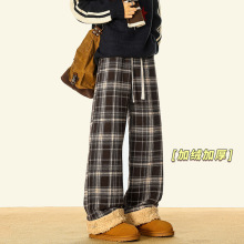 潮牌复古宽松格子加绒裤男冬季美式休闲裤子高街百搭垂感直筒长裤
