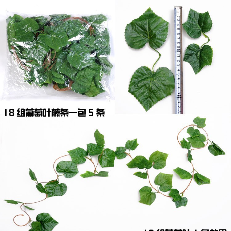 Hoja de uva artificial plástico hoja perenne vid hoja artificial decoración del techo hoja verde ratán artificial ratán vid