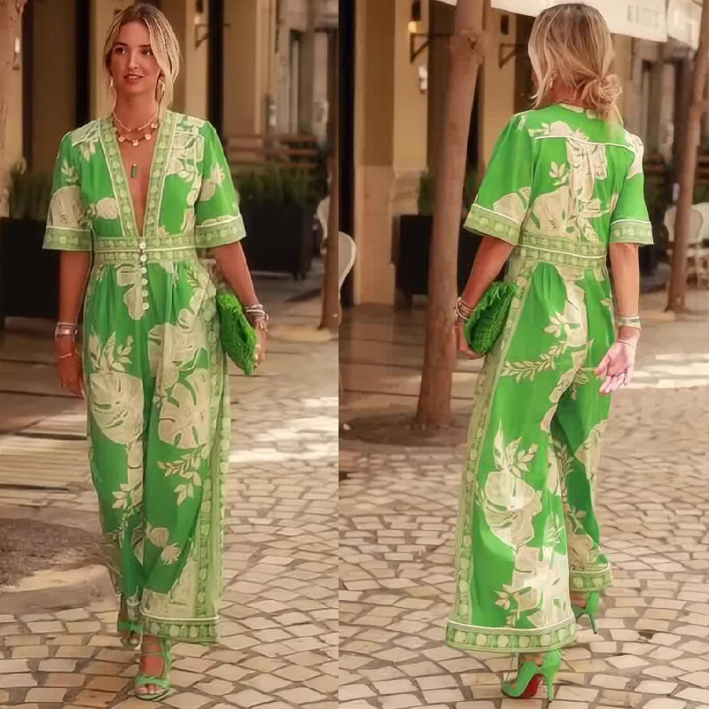 Cross-border foreign trade independent station Amazon 2025 Europe and the United States summer new printed V-neck fashion short sleeve jumpsuit women