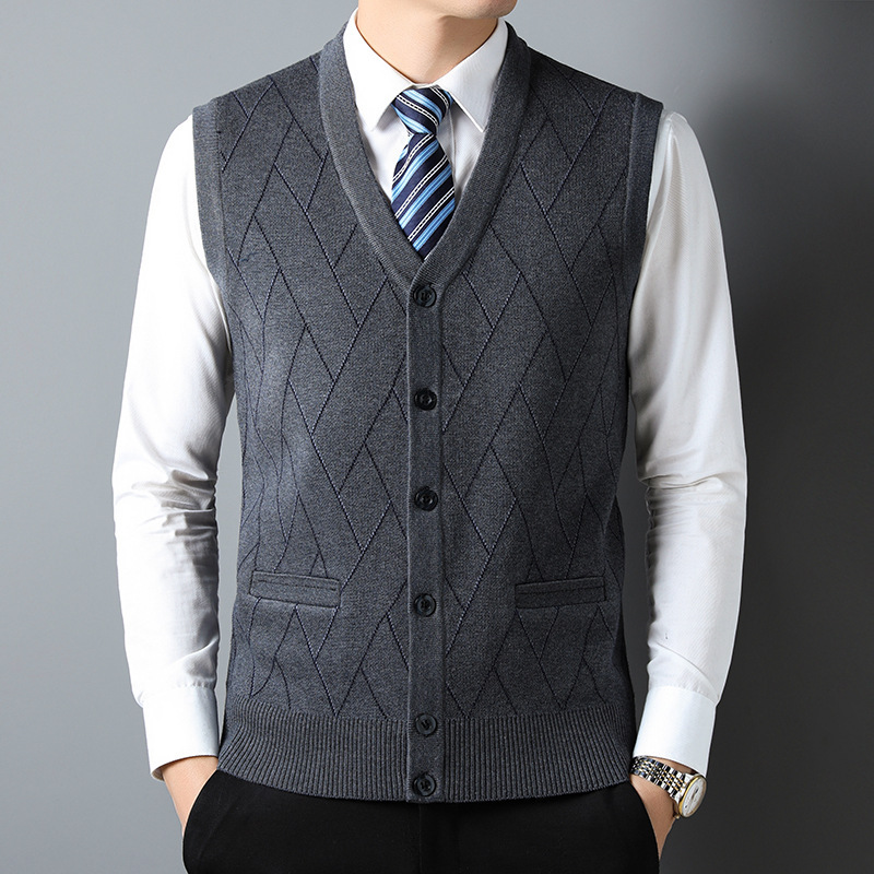 Middle-Aged and Elderly Men's Knitted Cardigan Vest, Casual Loose-Fitting Sleeveless Sweater for Seniors, Autumn