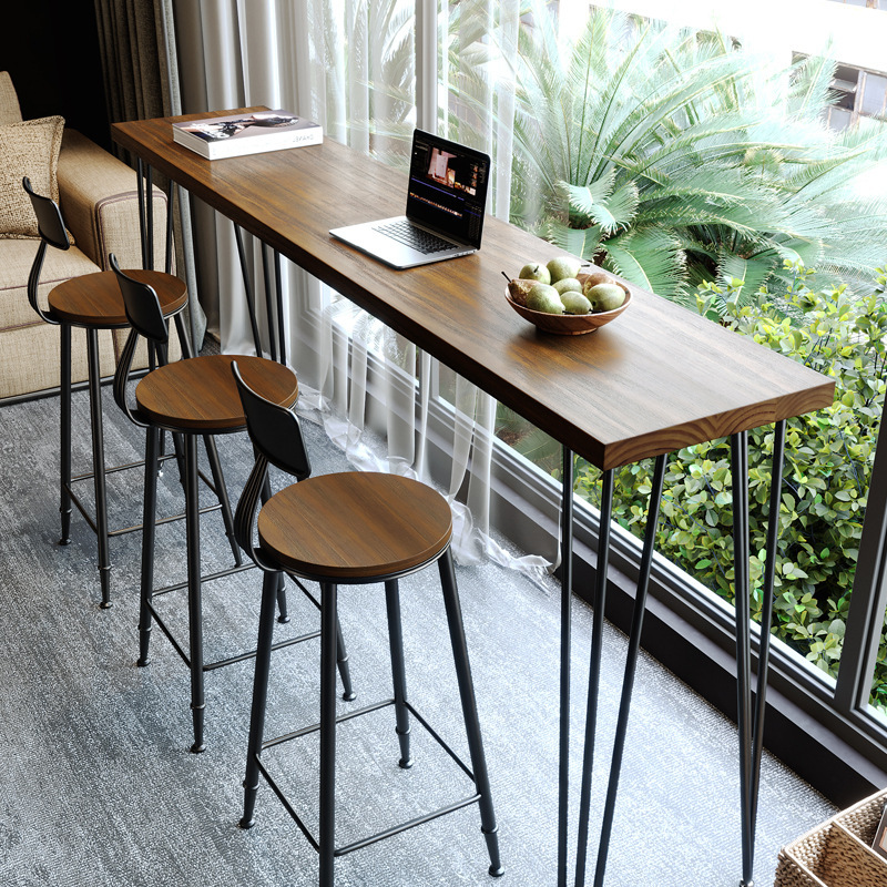 Modern Simple Solid Wood Bar Table, Home Balcony Wall-Mounted Leisure Table and Chairs, Internet Celebrity Bar Milk Tea Shop High Table
