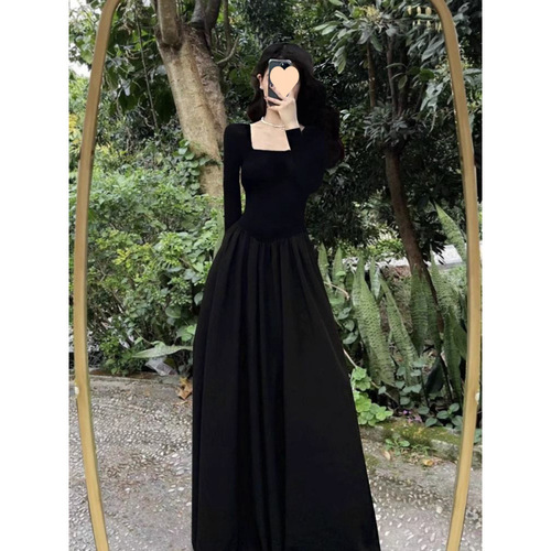 Black Tea Party French Dress Spring Women's New High-End Hepburn Style Elegant Square Collar Slimming Long Dress